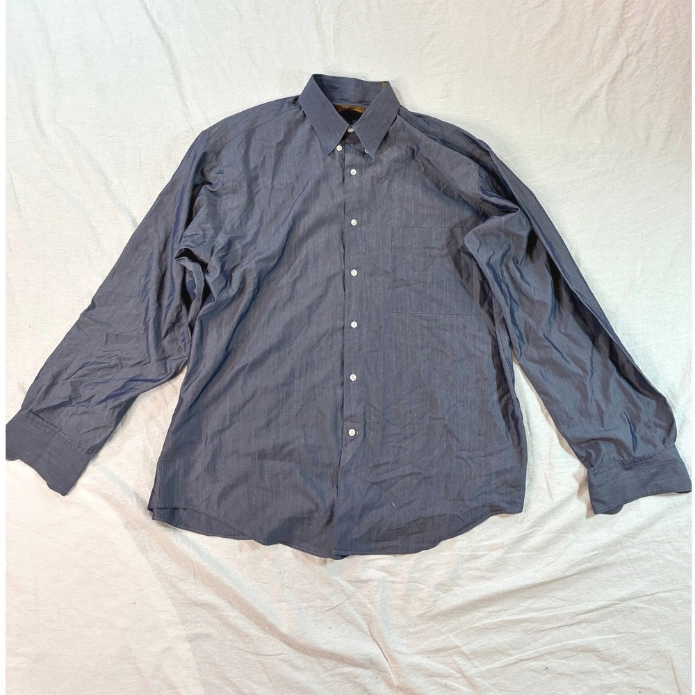 Donna Karan Men's Button Down Shirt 16 34/35 Blue Long Sleeve Chest Pocket K88